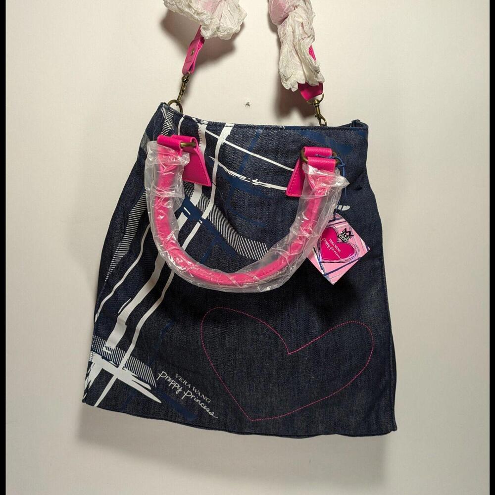 Vera Wang Preppy Princess Blue Denim Heart Tote Shoulder‎ Strap Carrying Bag